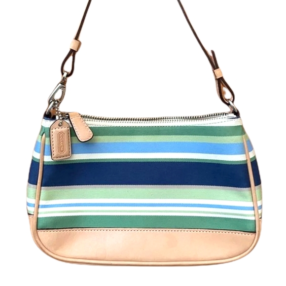 Coach Handbags - Coach L3J-7399 authentic coach small bag blue green stripe tan leather trim